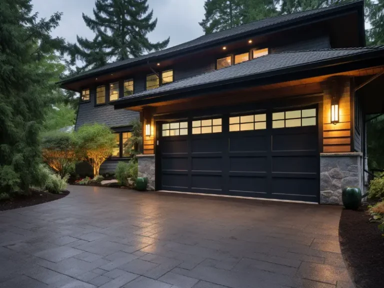 A modern home with a dark garage door and stone accents, illuminated by warm lighting, surrounded by lush greenery and set against a backdrop of tall trees.