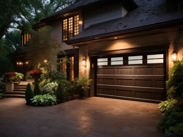 Charming house with a dark garage door featuring windows, warm exterior lighting, and lush greenery along a paved driveway.