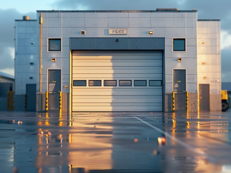 Industrial building with a large roll-up garage door, reflective wet pavement, and a sign labeled "FDC," featuring a modern, functional design with minimalistic architectural elements.