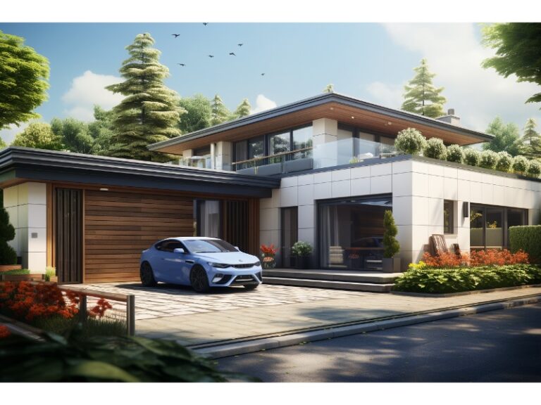 A modern two-story house with a wooden garage door, blue car in the driveway, and well-maintained landscaping.