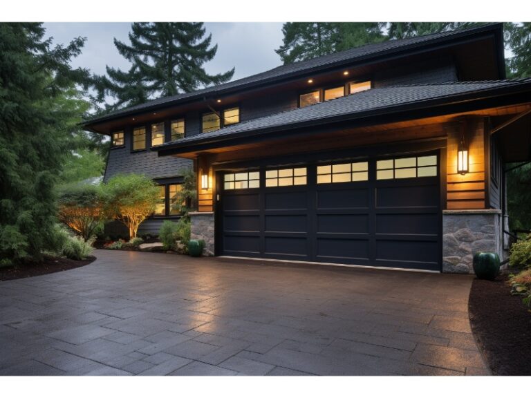 Modern home with a dark wooden garage door, stone accents, and warm exterior lighting.