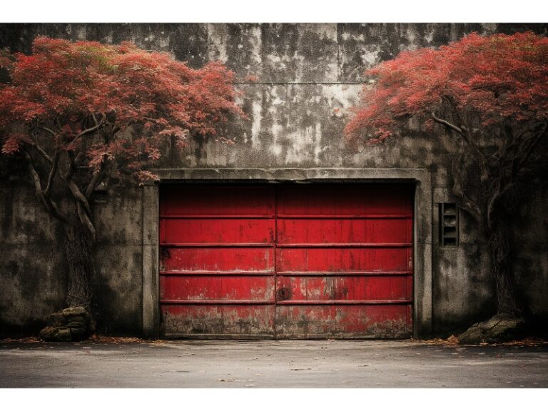 A weathered red garage door set in an aged concrete wall, flanked by two vibrant, red-leaved trees.