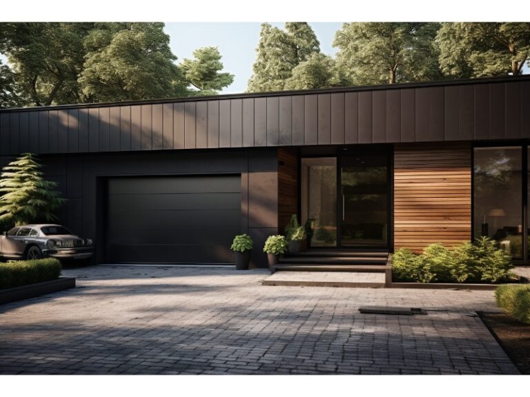 Modern home with a black garage door, wooden accents, and a paved driveway, surrounded by greenery.