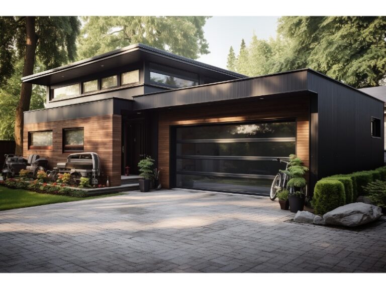 A contemporary home featuring a black glass garage door, a well-maintained driveway, and modern landscaping with lush greenery and outdoor seating, set in a tranquil environment.