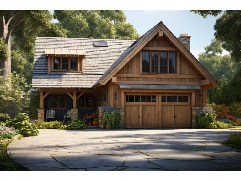 A charming rustic house with a wooden garage door, surrounded by lush greenery and featuring a cozy front porch.