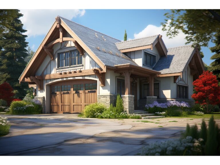 "Charming cottage-style home with a wooden garage door, stone accents, and lush landscaping."