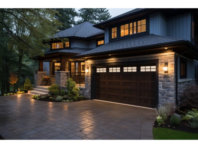 Traditional home with a dark wooden garage door, warm lighting, and a paved driveway surrounded by greenery.