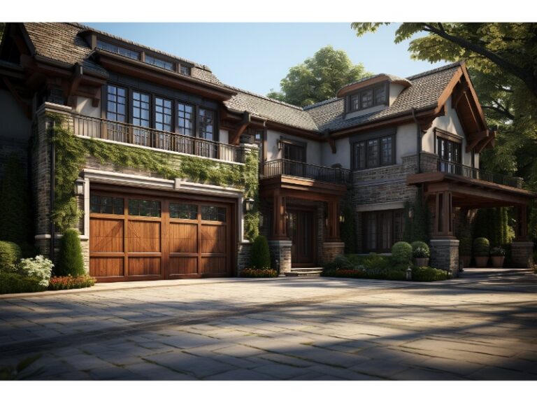 Large, elegant two-story house with a mix of stone and wood exterior, featuring a wooden garage door, ivy accents, and a spacious paved driveway, set in a lush, green environment.
