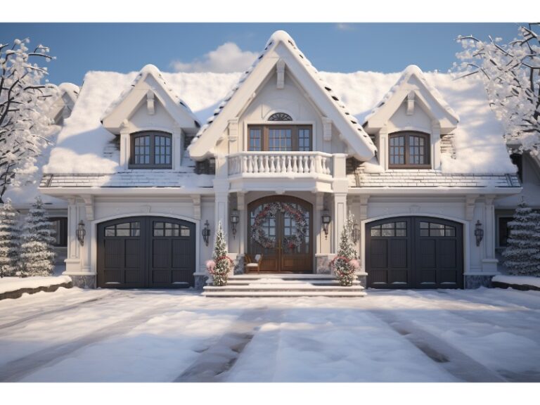 Insulated garage door installed on a modern home during winter.