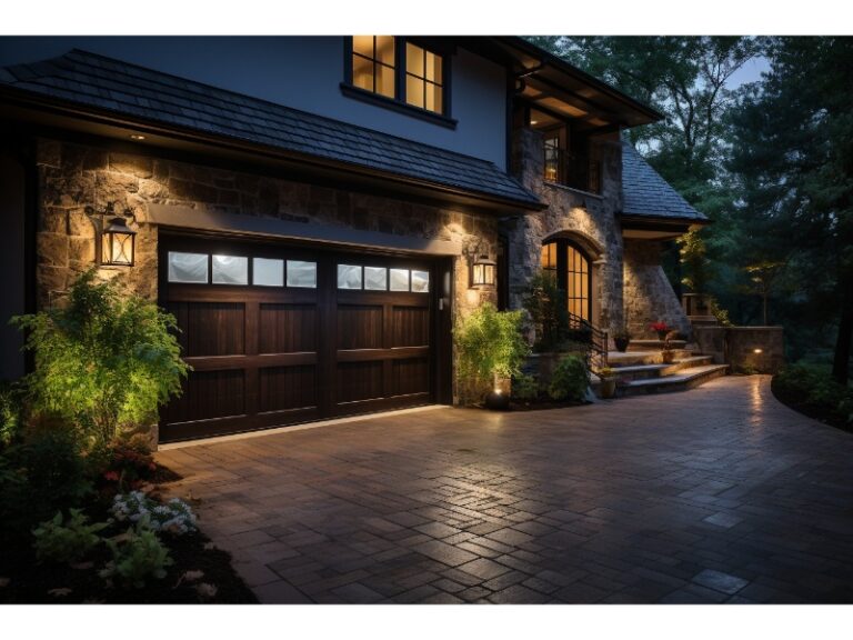 A stone house with a wooden garage door and a lit brick driveway at dusk.