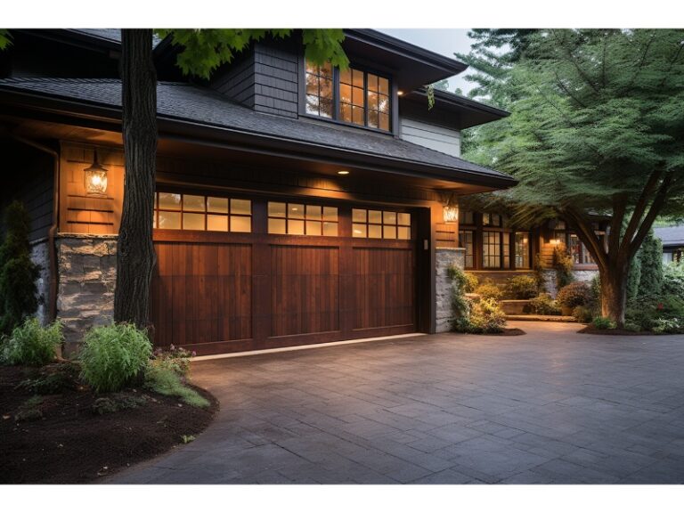 A traditional home with a wooden garage door, stone accents, and warm exterior lighting, surrounded by lush greenery.