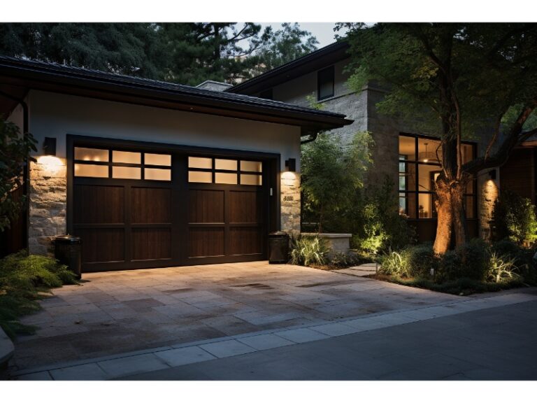 Close-up of a traditional-style house with a stone and dark wood exterior, featuring a wooden garage door with windows, illuminated by exterior lights, and surrounded by lush greenery and a paved driveway.