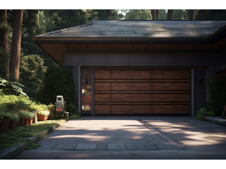 Innovative Raynor Pilot II wooden garage door enhances a sleek, contemporary home surrounded by vibrant greenery.