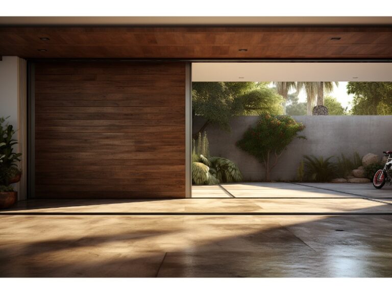 Modern home with an innovative sectional garage doors made of wood.
