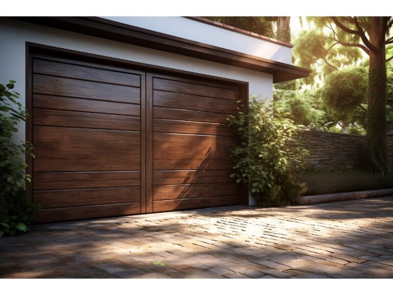 A wooden detached garage door, installed by experts at Dreifuss Garage Doors.