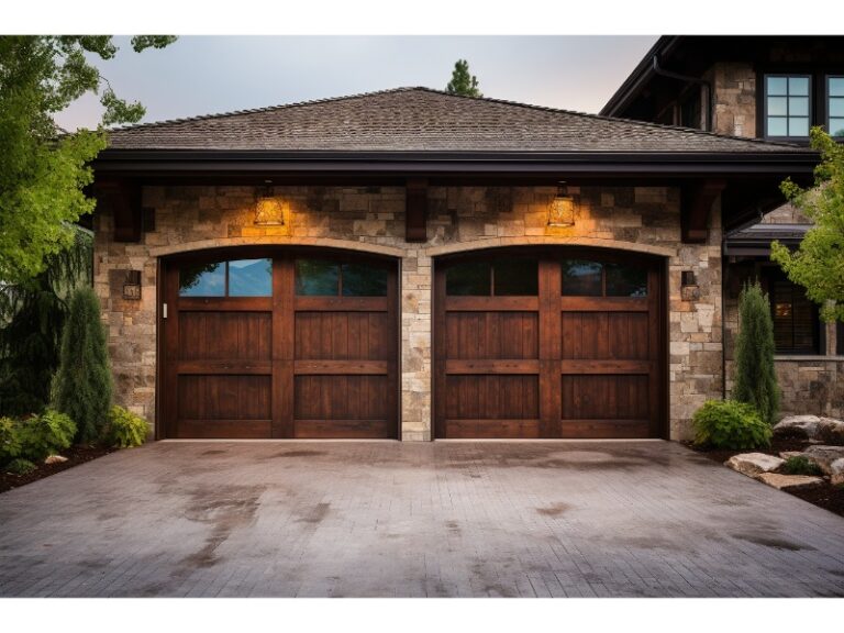Elegant wood garage doors with working lights after a DIY fix.