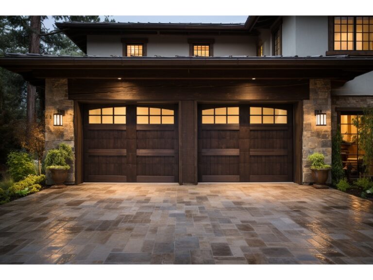 Traditional home with double wooden garage doors and a paved driveway, illuminated by warm lighting.