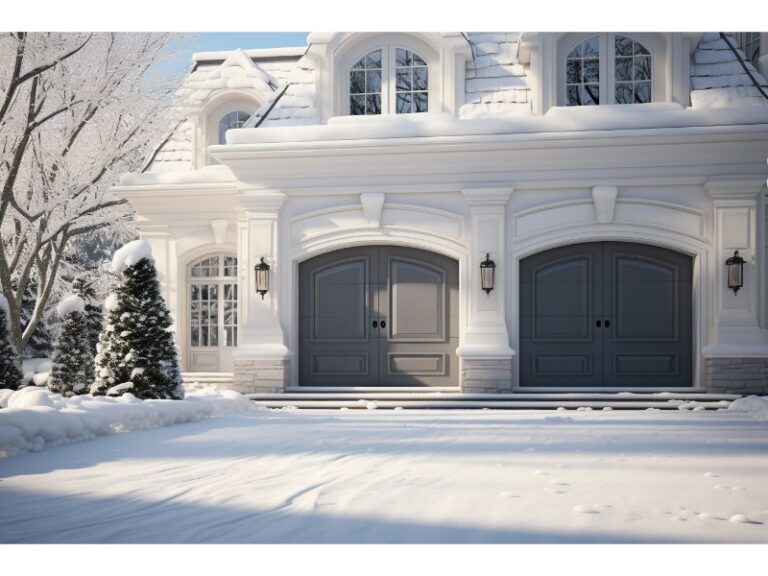 Elegant house with two gray garage doors in a snowy winter setting.