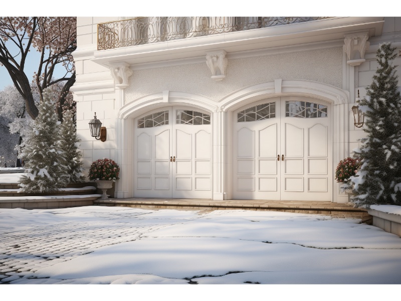 Weather-resistant insulated garage door in winter.