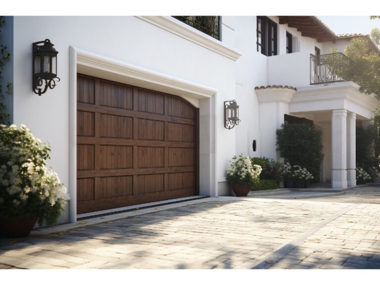 Elegant home with a wooden garage door, white exterior, and classic lantern-style lighting.