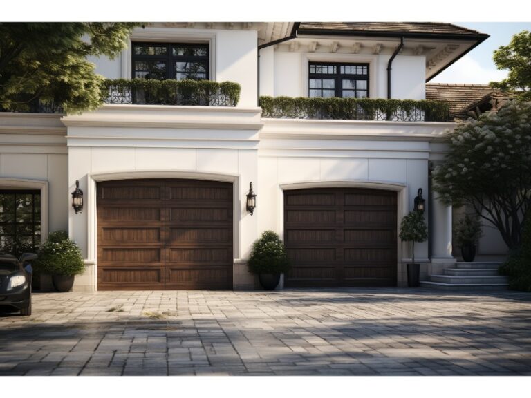 A classic, elegant house with two wooden garage doors, flanked by potted plants and illuminated by traditional lantern-style lights.