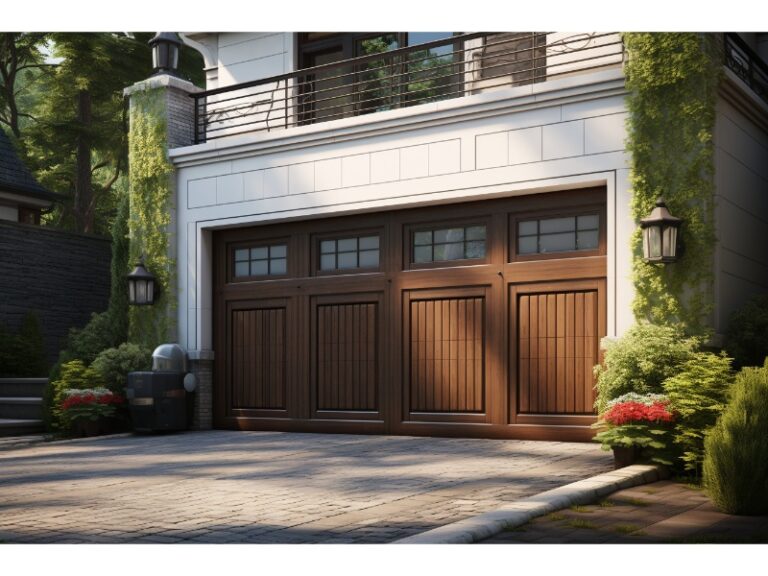 Elegant house with a white exterior and wooden garage doors with windows, surrounded by greenery and a paved driveway.