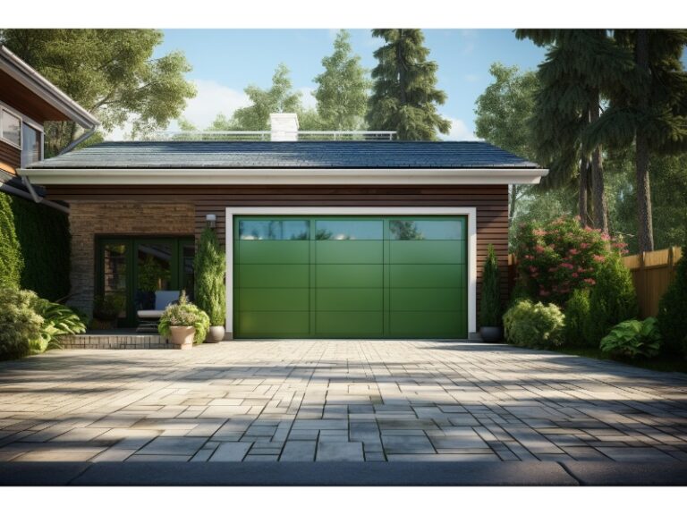 Custom, colorful fiberglass garage door, full of advantages and character.