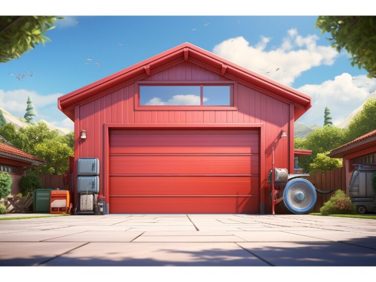 Bright red garage with a matching red door and a small upper window, set against a sunny backdrop with neatly landscaped surroundings and a paved driveway.