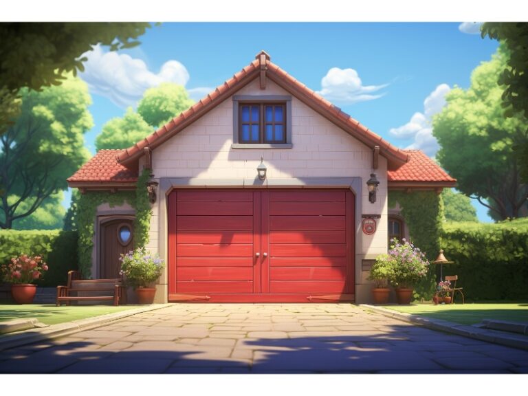 Cozy house with a red garage door, red-tiled roof, and surrounded by lush greenery and a stone pathway leading up to the entrance.