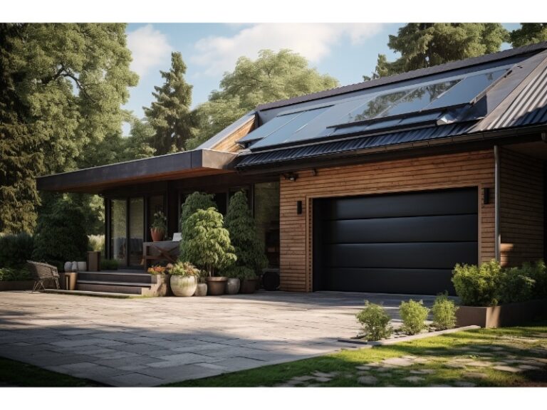 Charming house with a black garage door, solar panels on the roof, and a well-maintained garden with various potted plants and greenery.