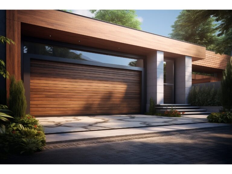 Modern home with a wooden garage door and clean, minimalist design.