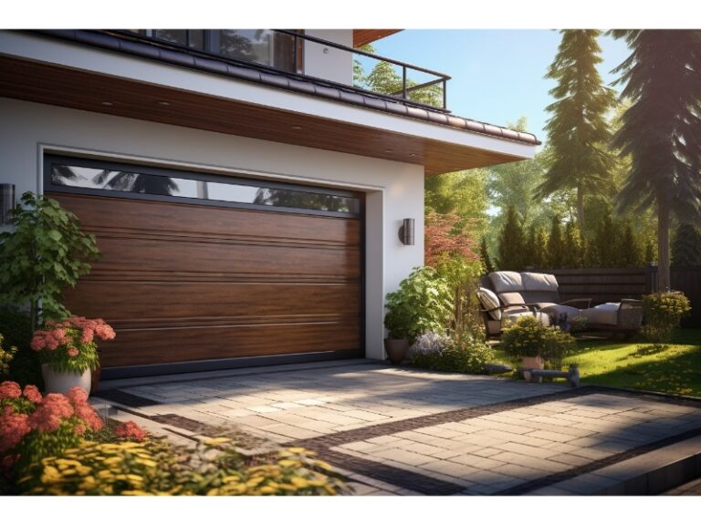 "Contemporary house with a wooden garage door and a cozy outdoor seating area surrounded by lush greenery."