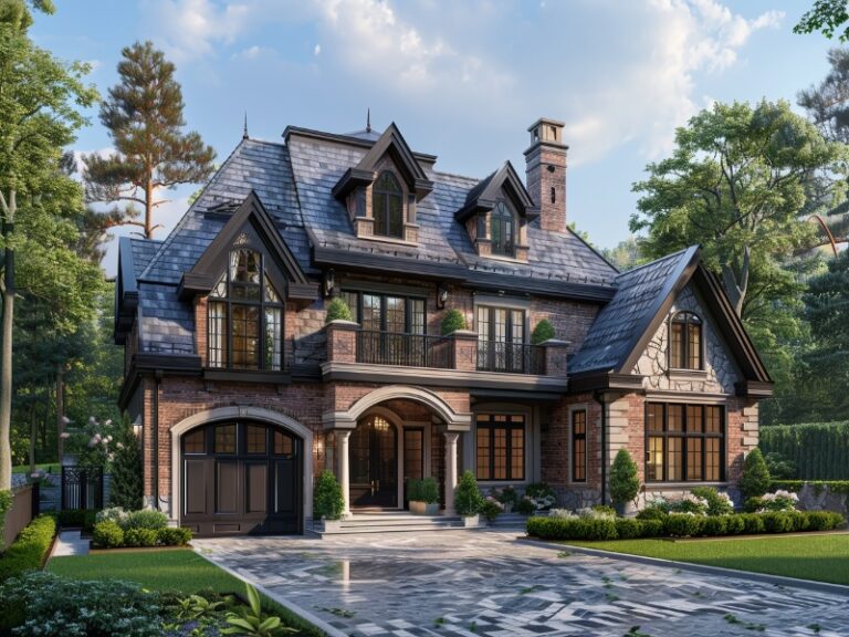 Elegant brick house with multiple gables and a single arched garage door.