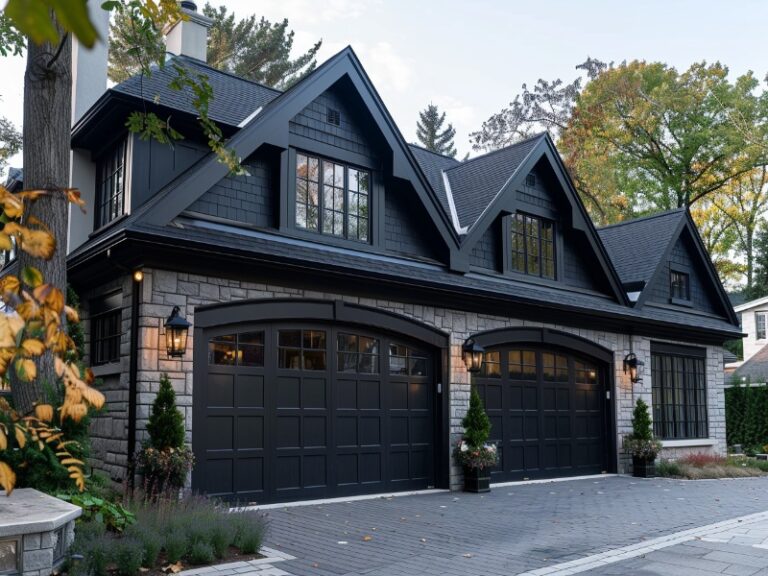 Elegant house with three black garage doors, stone facade, and steep gabled roofs, surrounded by greenery and a paved driveway.