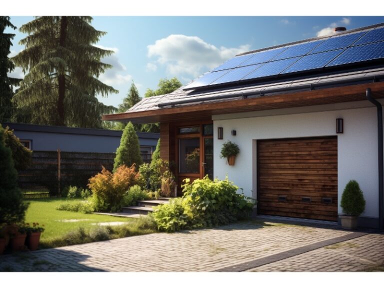 Modern house with solar panels and a wooden garage door.