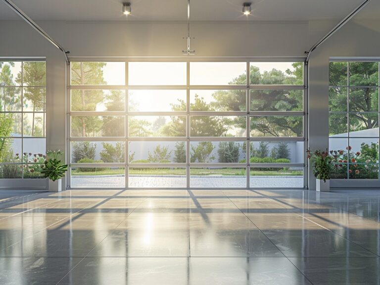 "Spacious garage with large glass doors and a view of the garden."