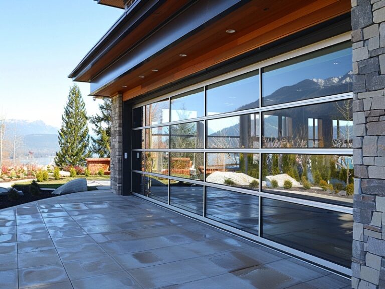 Modern house with a large glass garage door, featuring a stone exterior and a spacious patio with a view of trees and mountains in the background