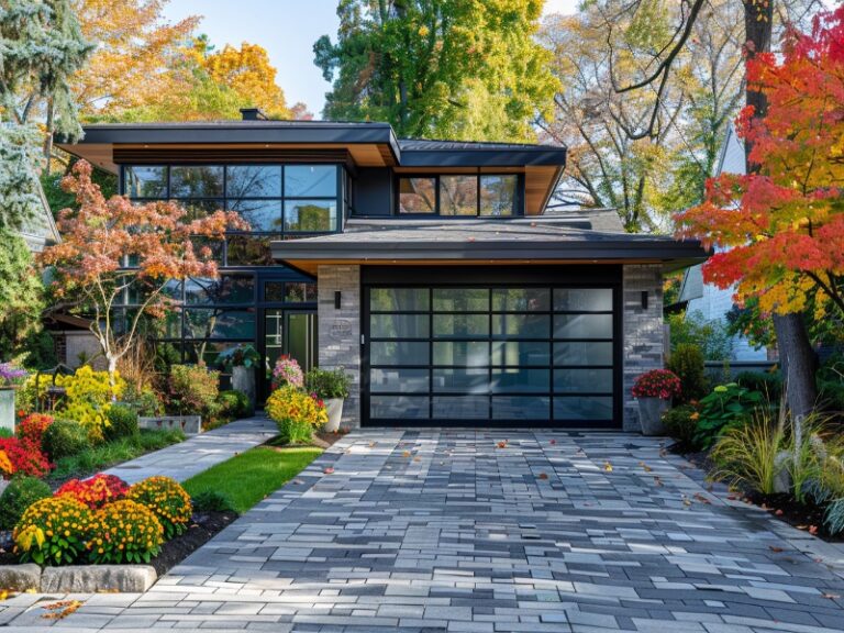 Modern two-story house with large glass garage door, expansive windows, and a cobblestone driveway. The surrounding landscaping features vibrant autumn foliage and neatly arranged plants.