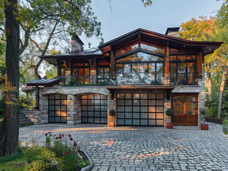 A charming house with large glass garage doors and a rustic stone facade, set on a cobblestone driveway surrounded by lush greenery.