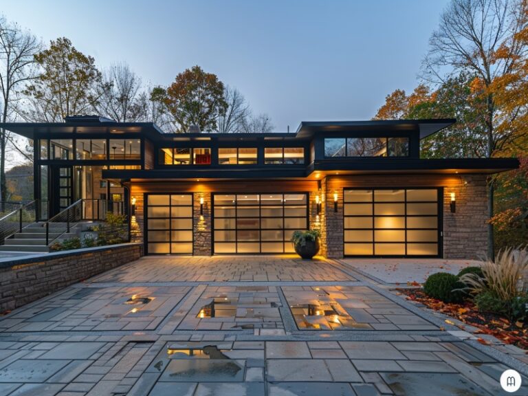 High-tech glass modern garage door with smart home integration.