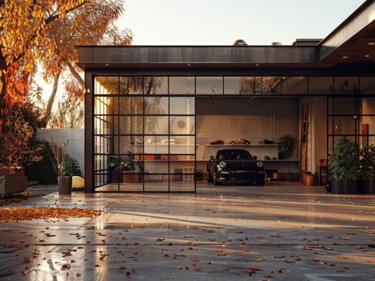 A modern glass garage door revealing a sleek car inside, with an autumnal setting featuring fallen leaves and warm sunlight.