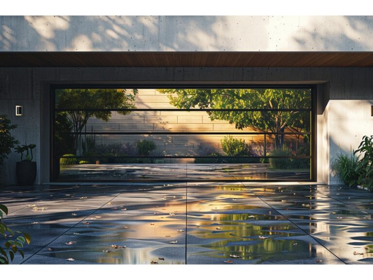 "Modern open garage with a sleek design, reflecting the surrounding greenery and a wet polished concrete floor."