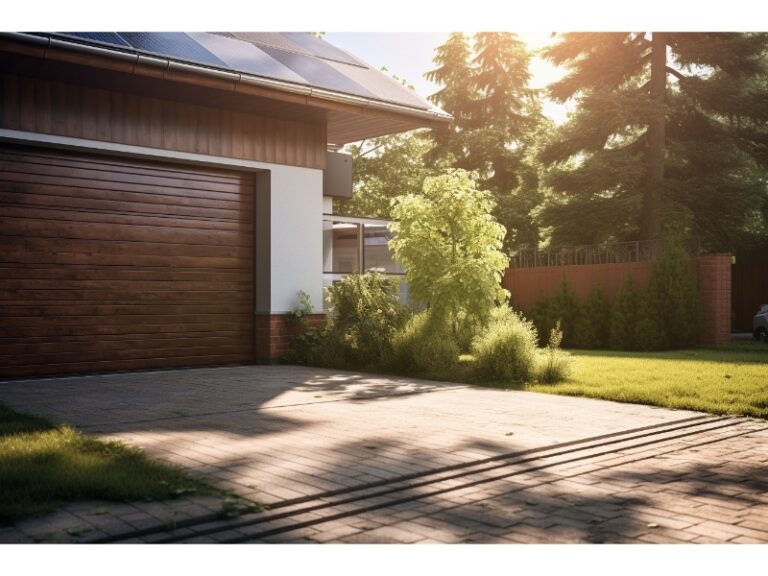 "Modern house with a sleek wooden garage door, surrounded by a sunny yard with lush greenery and trees."