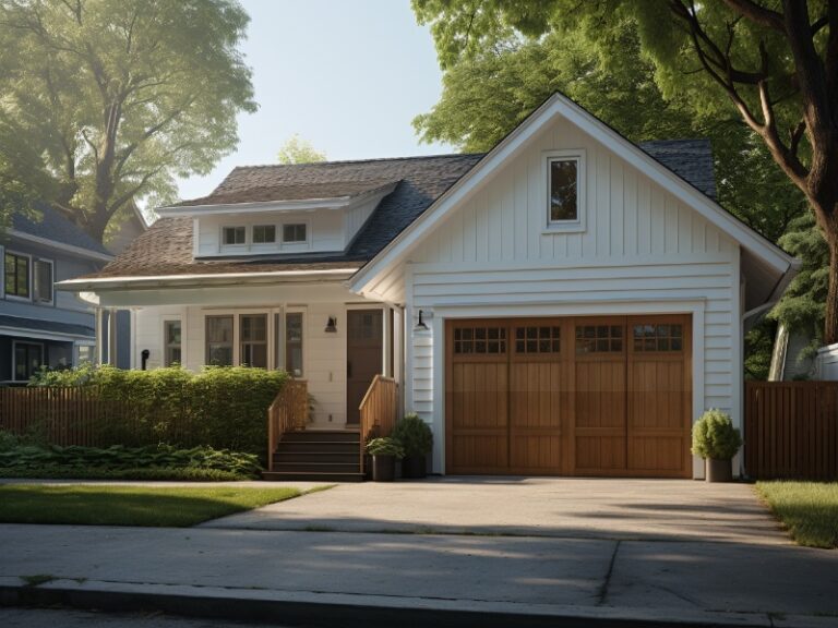 Charming white house with a wooden garage door, front porch, and lush greenery in a suburban setting.