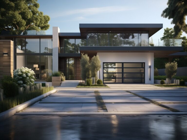 Modern house with large glass windows and a sleek garage door, surrounded by greenery and a stylish driveway.