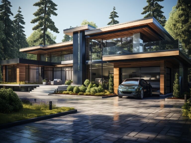 Contemporary house with large glass windows and a mix of wood and stone exterior, featuring a sleek garage with a car parked in the driveway, surrounded by a lush garden and tall trees