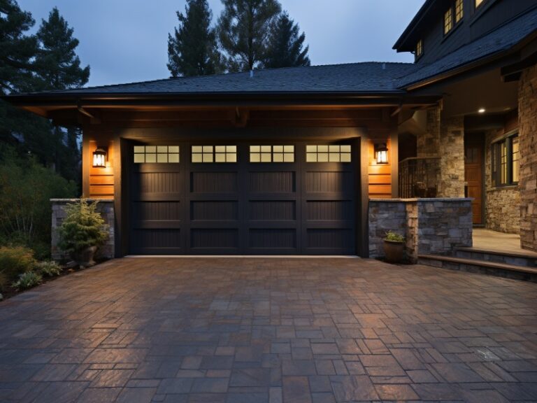 Traditional home with a dark wooden garage door, stone accents, and warm exterior lighting.