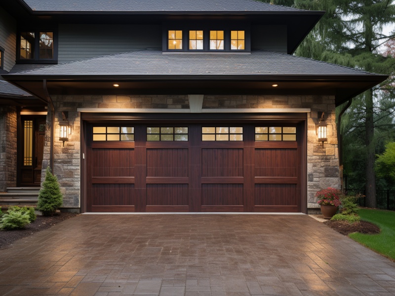 Stylish wood 2 car garage door adding a touch of elegance to the property
