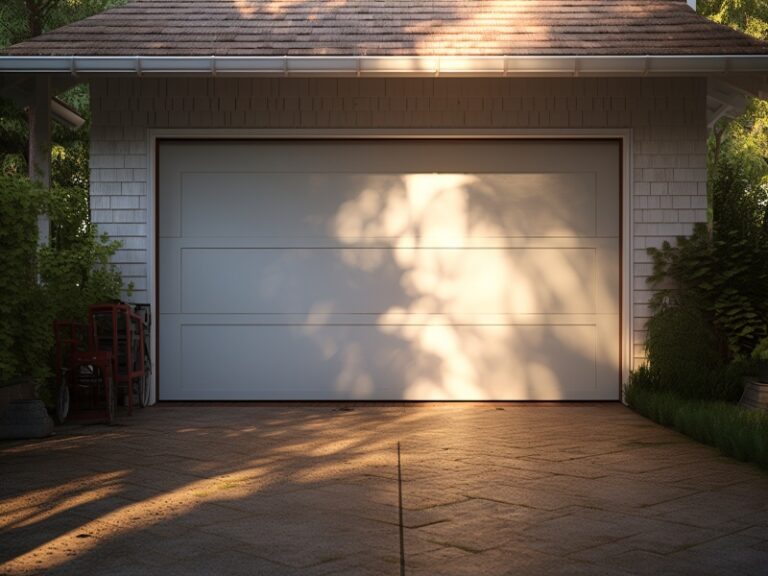 Close-up of a single garage door with a white exterior, illuminated by dappled sunlight, and surrounded by a paved driveway and greenery.