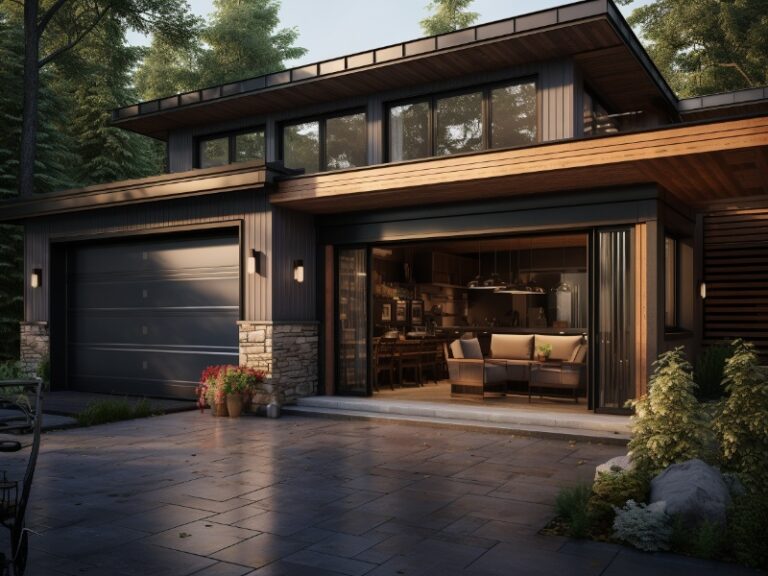 A modern house with large windows and a cozy interior visible from the outside, featuring a sleek garage door and a spacious, well-paved driveway.